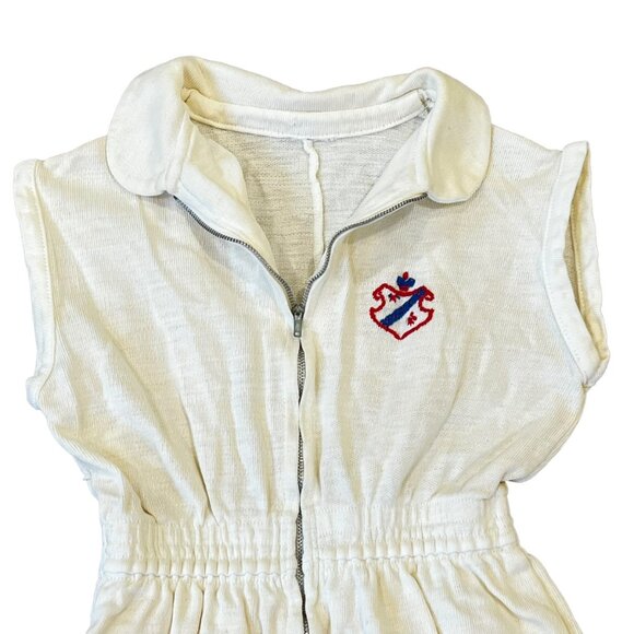 Vintage Girls Ivory Shorts Romper Red & Blue Crest Zip Front - Picture 3 of 9
